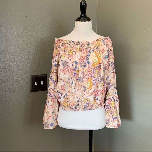 Free People Boho Off Shoulder Bell Sleeve Smocked Floral Blouse - Picture 4 of 14
